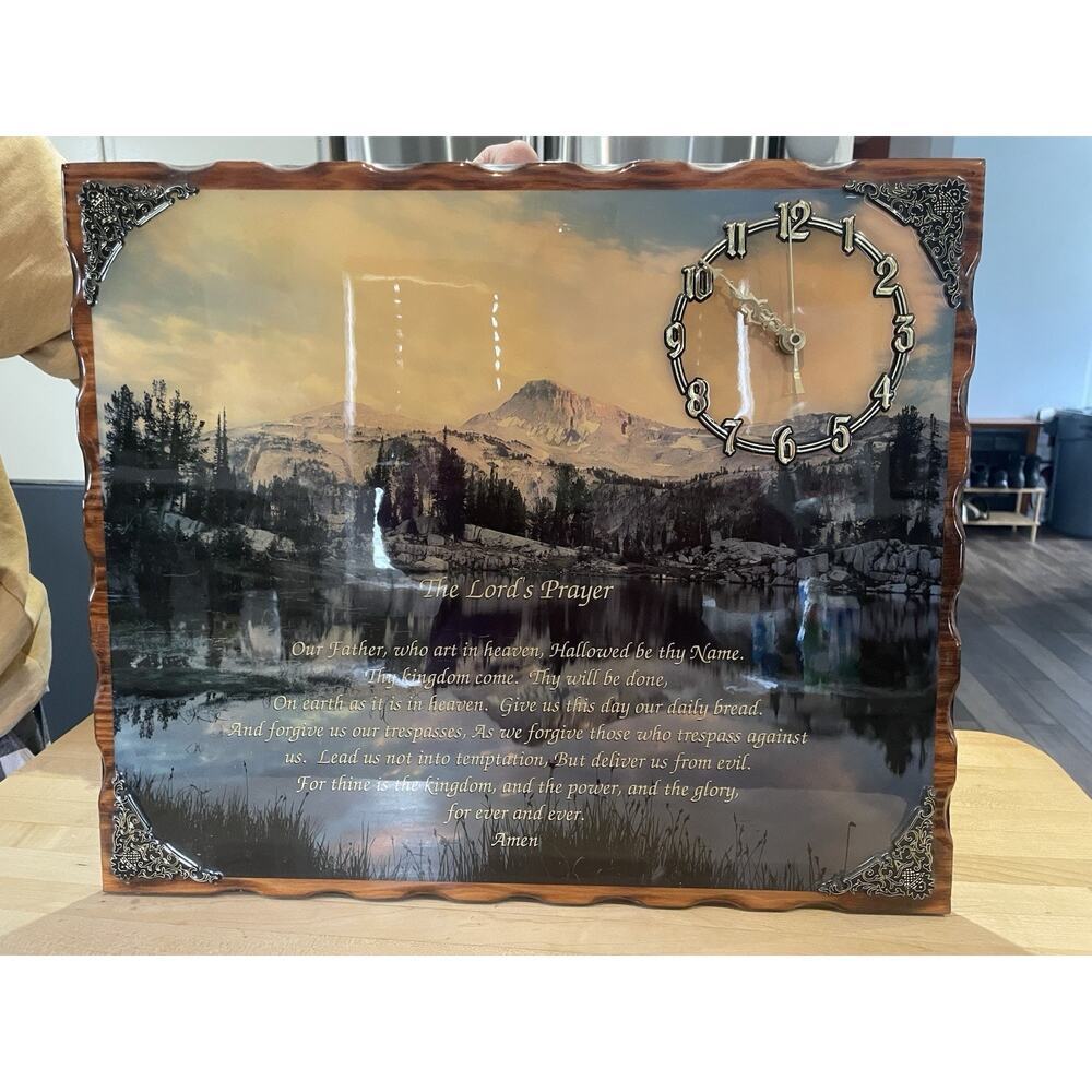 Ornate Mountain Scene Laminate Lords Prayer Clock Mounted On Pine Rustic Vtg 80s